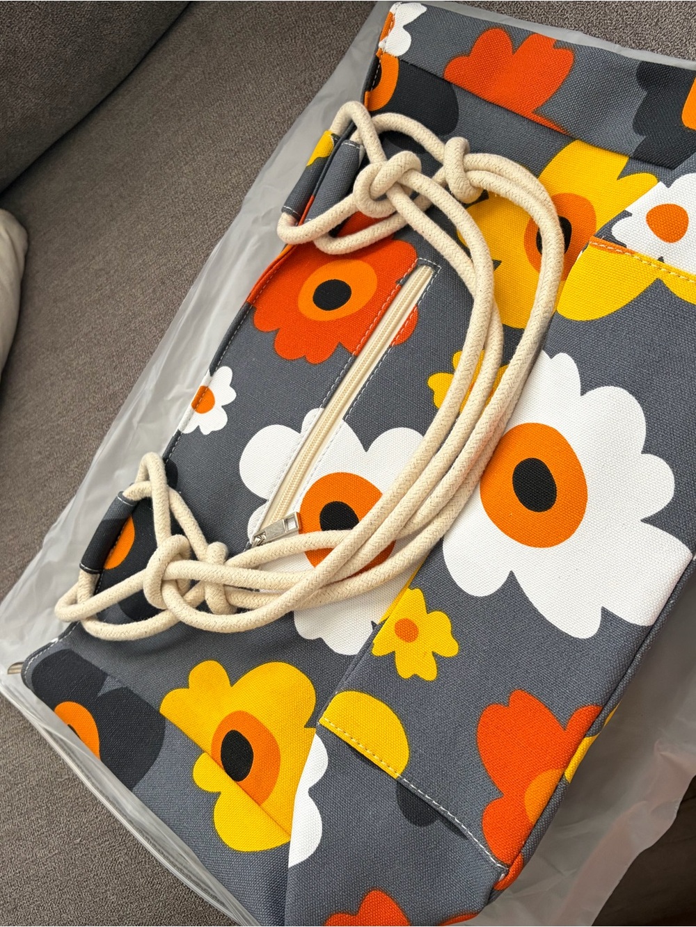 Floral Canvas Tote Bag in Gray with Orange & Yellow Blooms